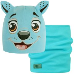 Dětská bavlněná čepice s nákrčníkem Zoo - zvířátka - vzor 10 - světle tyrkysová - pejsek
