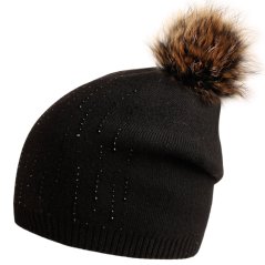 Dámská zimní pletená kašmírová čepice  - vzor 049 - černá - bambule z pravé kožešiny