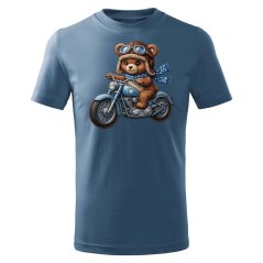Dětské bavlněné tričko s potiskem - vzor 0246 - denim  - medvěd  na motorce