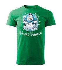 Bavlněné unisex tričko s potiskem - vzor 0020 - zelená/ Veselé Vánoce - sněhulák