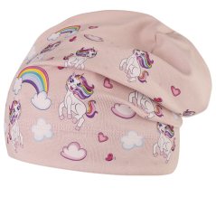 Spadlá bavlněná čepice Pepe - vzor 19 - světle pudrová - jednorožci