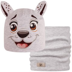 Dětská bavlněná čepice s nákrčníkem Zoo - zvířátka - vzor 11 - světle šedá melír - pejsek