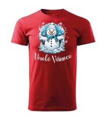 Bavlněné unisex tričko s potiskem - vzor 0018 - červená / Veselé Vánoce - sněhulák