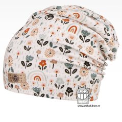 Bavlněná celopotištěná spadlá čepice - vzor 07 - bílá, kytičky