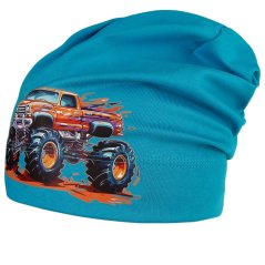 Spadlá bavlněná čepice Pepe - vzor 33 - tyrkysová - terénní auto