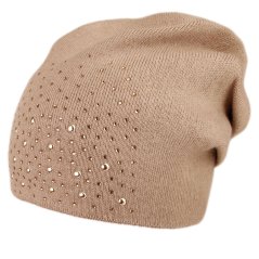 Dámská zimní pletená kašmírová čepice  - vzor 017 - béžová s kamínky