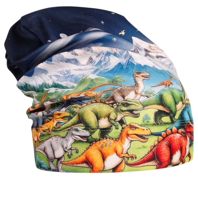 Fleecová čepice Yetti - vzor 47 - modrá - dinosauři