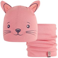 Dětská bavlněná čepice s nákrčníkem Zoo - zvířátka - vzor 07 - starorůžová - kočička