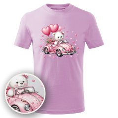 Dětské bavlněné tričko s třpytivým potiskem - vzor 0230 - Medvídek v autíčku