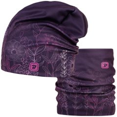Set fleecové čepice a nákrčníku Yetti - vzor 49 - tmavě fialová - květiny