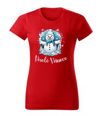 Dámské bavlněné tričko s potiskem - vzor 0001 - červená / Veselé Vánoce - sněhulák