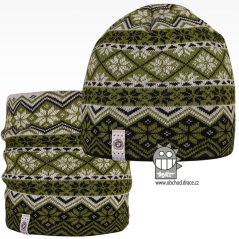 Merino set, pletená čepice a nákrčník Oslo - vzor 05 - černá / zelená / šedá