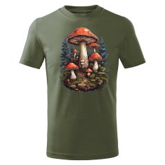 Dětské bavlněné tričko s potiskem - vzor 0188 - khaki zelená tmavá/ Houby