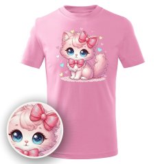 Dětské bavlněné tričko s třpytivým potiskem - vzor 228 - Kočka s mašlí