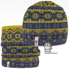 Merino set, pletená čepice a nákrčník Oslo - vzor 06 - modrá / šedá / zelená