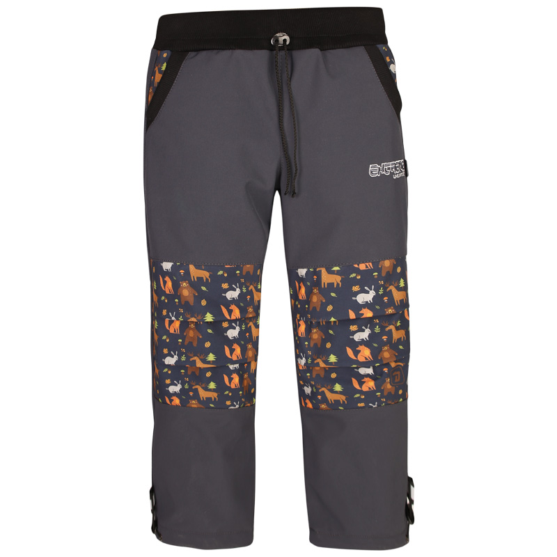 Kalhoty softshell - vzor 10 - tmavě šedá - lesní zvířátka