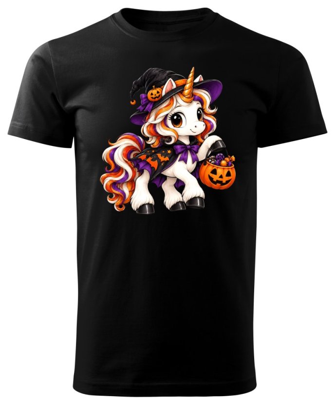Dětské bavlněné tričko s potiskem - vzor 0261 - Halloween - jednorožec - Barva: Černá, Velikost: 134