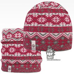 Merino set, pletená čepice a nákrčník Oslo - vzor 08 - šedá / růžová / bílá