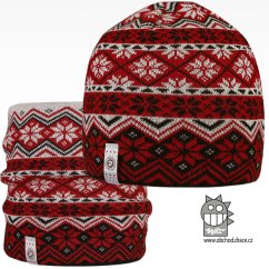 Merino set, pletená čepice a nákrčník Oslo - vzor 03 - černá / červená / šedá