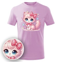 Dětské bavlněné tričko s třpytivým potiskem - vzor 0228 - Kočka s mašlí