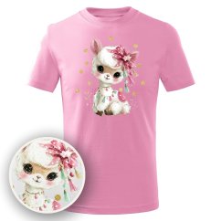 Dětské bavlněné tričko s třpytivým potiskem - vzor 232 - Lama s mašlí