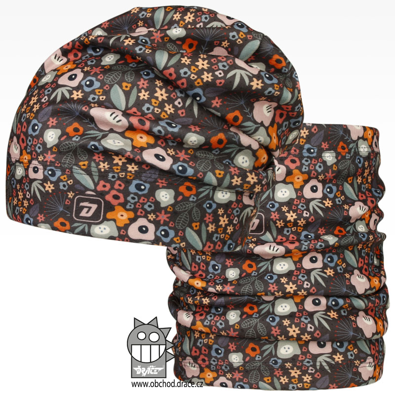 Set fleecové čepice a nákrčníku Yetti - vzor 08 - šedo-hnědá, kytičky