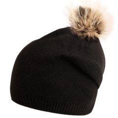 Dámská zimní pletená kašmírová čepice  - vzor 048 - černá - bambule z pravé kožešiny