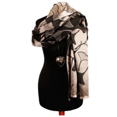 Dámská elegantní šála - vzor 063 - černá / satén - listy