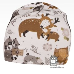 Bavlněná celopotištěná čepice - vzor 06 - bílá, lesní zvířátka