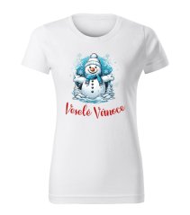 Dámské bavlněné tričko s potiskem - vzor 0002 - bílá / Veselé Vánoce - sněhulák