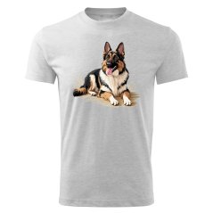 Dětské bavlněné tričko s potiskem - vzor 079 - světle šedý melír / Německý ovčák