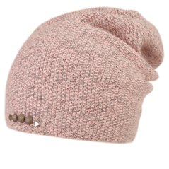 Dámská zimní pletená čepice s příměsí vlny a králičí srsti - vzor 007 - růžová / šedá