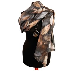 Dámská elegantní šála - vzor 048 - černá / hnědá - listy