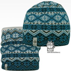 Merino set, pletená čepice a nákrčník Oslo - vzor 02 - modrá / bílá