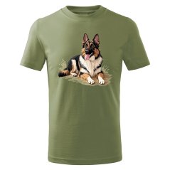 Dětské bavlněné tričko s potiskem - vzor 080 - světlá khaki / Německý ovčák