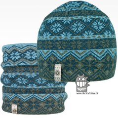 Merino set, pletená čepice a nákrčník Oslo - vzor 04 - tyrkysová / petrolejová / šedá