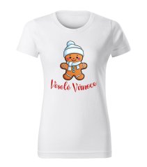 Dámské bavlněné tričko s potiskem - vzor 0007 - bílá / Veselé Vánoce - perníček