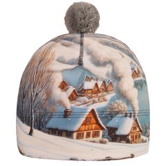 Flavio - zimní funkční čepice - vzor 189 - šedomodrá - zasněžené chaloupky