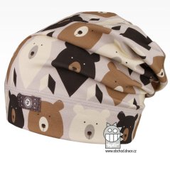 Bavlněná celopotištěná spadlá čepice - vzor 14 - hnědá, medvědi