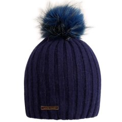 Dámská zimní pletená kašmírová čepice - vzor 062 - tmavě modrá - bambule z pravé kožešiny