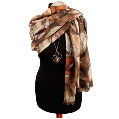 Dámská elegantní šála - vzor 050 - hnědá / béžová - listy