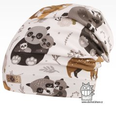 Bavlněná celopotištěná spadlá čepice - vzor 06 - bílá, lesní zvířátka