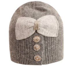 Dámská zimní pletená kašmírová čepice  - vzor 054 - šedá - s mašlí a kamínky