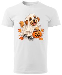 Dětské bavlněné tričko s potiskem - vzor 0257 - bílá - Halloween - pejsek bubák