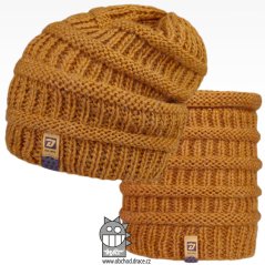 Čepice pletená a nákrčník Etna set - vzor 07 - hořčicová
