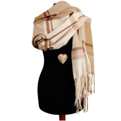 Dámská elegantní šála - vzor 040 - krémová / hnědá / růžová - kostka