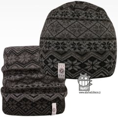 Merino set, pletená čepice a nákrčník Oslo - vzor 01 - černá / šedá