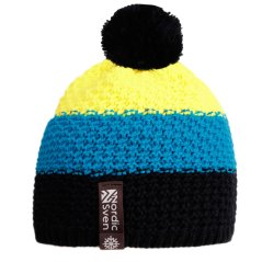 Čepice pletená Swiss - vzor 38 - tmavě modrá / tyrkysová / fluo žlutá