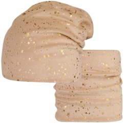 Spadlá čepice s nákrčníkem Velvet set - vzor 002 - béžová