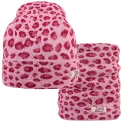 Merino pletená čepice a nákrčník Urban - vzor 22 - fialková / růžová - leopard